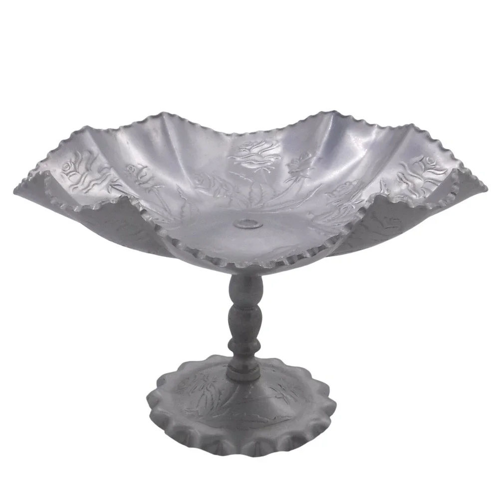 Vtg Hammered Aluminum Pedestal Candy Dish Embossed Rose‎ Floral Scalloped Bowl